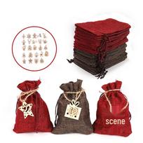 Christmas Countdown Burlap Gift Bag Set with Wooden Tags