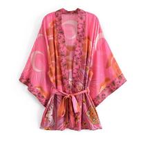2024 Spring Women's Floral Kimono Cardigan with Cotton Waistband Medium rožinė