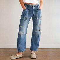Women's Cut-hole Machete Jeans Casual Semi-elastic Loose Wide-leg Blue Denim L mėlyna