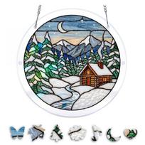 83 Piece Acrylic Suncatcher Window Hanging Panel with Forest Path Design Stained Glass Style Decorative Sun Catcher 19cm Diameter