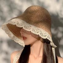 Fashion Women's Lace Sun Hat Wide Along The Beach Hat Summer Straw Hat Folding Sun Hat Head Women's Beach UV Protection Hat