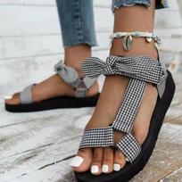 10 Type Sponge Bottom Open-toe Mesh Bow Shoes Large Velcro One-line Buckle Women's Sandals 35 juoda