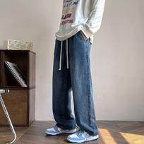 American Style High Street Hong Kong Style Retro Jeans, Men's Loose Straight Leg Wide Leg Pants, Lace Up Elastic Pants S