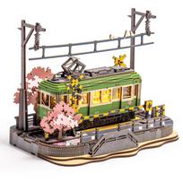 ROBOTIME Wooden 3D Puzzle Cherry Blossom Train with LED Lights Assembly DIY Mechanical Japanese Style Interior Time Educational Wooden Model for