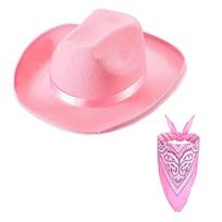 Mens Western Cowboy Hat Bandana Set Cowgirl Hat and Fashionable Pattern Scarf One Size Fit for Most Men and Women rožinė