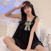 Pajamas Women Summer Sling Pajamas Homewear Set Sleeveless Shorts Simple Cute Ladies Student Pajamas Bubble Cotton Homewear XS juoda