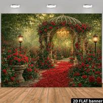 2D Red Rose Garden Gazebo Backdrop, Romantic Wedding Photography Background 47.2x31.5inch/120*80cm