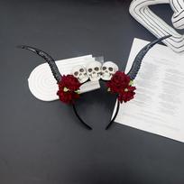 Flower Crown Halloween Ox Horns Headband Skull Gothic Style Sheep Horn Hairband Fashion with Neckband Red Rose Headband Cosplay