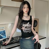 Women Y2K Tops Retro Sleeveless Tees Black Girls Casual Vest Street Wear Summer Inner Tops XL gray