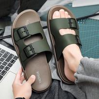 Fashion Summer Men Women's Flip Flops Outdoor Anti-slip Fashionable Retro Buckle Thick Bottom Sandals Beach Shoes Slip-On PVC Material 40 žalia