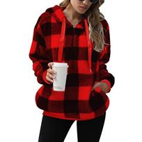 Women's Green Plaid Sherpa Hoodie Half Zip Drawstring Pullover Casual Warm Sweatshirt with Pockets S raudona