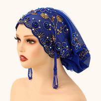 Muslim Lace Pearls Hat Caps Mesh Fabric Bead Tube Paired With An Acrylic Diamond Thread Embroidered Hat For Dubai Arabian Women beige