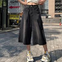 Summer Vintage Women Baggy Jeans Y2k Loose Washed High Waist Knee Length Denim Pants Streetwear Wide Leg Shorts XXS juoda