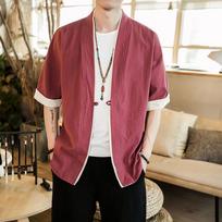 Summer Men's Kimono Jackets Cardigan Lightweight Casual Cotton Blends Linen Seven Sleeves Open Front Hanfu Coat M raudona