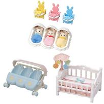 Sylvanian Families Chocolat Rabbit Triplet Care Set + Stroller Spinning Mobile Baby Bed