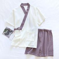 Japanese-Style Hanfu Kimono Pajamas Women Sleepwear Set Fresh Color Cotton Yarn Crepe Short-Sleeved Shorts Home Suit S violetinė