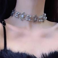 New Double Layer Pearl Choker Y2K Palace Style Hip Hop Silver Neckchain Collar Jewelry sidabras
