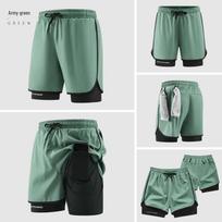Men's Quick-Dry Double-Layer Running Shorts, Euro Size, Casual Summer Style L armijos žalia spalva