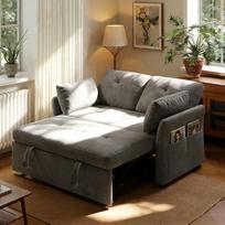 "3-in-1" sofa lova su 5 lygių reguliuojamu atlošu, sofa lova su 2 x pagalvėlėmis ir 2 x šoninėmis kišenėmis, pilka lininė 2 vietų sofa svečių kambariui ir mažiems kambariams