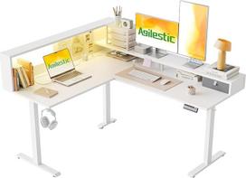 "Agilestic" reguliuojamo aukščio L formos rašomasis stalas 160 x 140 cm - ergonomiškas kampinis stalas su lentynomis ir LED apšvietimu, modernus sėdimas kompiuterio stalas biurui ir namų biurui, baltos spalvos