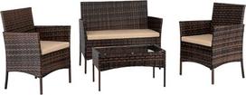 "AlightUp" rotango sodo baldų komplektas 1 sofa, 2 foteliai, 1 stalas su stiklinėmis pagalvėlėmis, 4 sėdimos vietos (rudos spalvos)