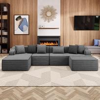 "ALPHA HOME" kampinė sofa su miego funkcija, U formos sofa be kaulų, modulinė sofa su 6 dekoratyvinėmis pagalvėlėmis, skirta svetainei, neremontuojama, velvetinė, pilka