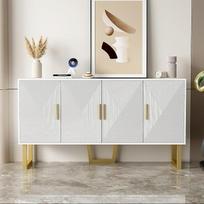 "Aoskem Sideboard" balta komoda su 4 tekstūruotomis durelėmis, 150 x 40 x 82 cm, bufeto spintelė, virtuvės spintelė, komoda, spintelė, svetainės baldai, stovinti spintelė, bufetas, aukšta spintelė, valgomasis, balta