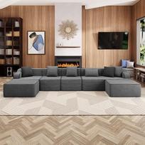 "ALPHA HOME" kampinė sofa su miego funkcija, U formos 7 vietų sofa be kaulų, modulinė sofa su 6 dekoratyvinėmis pagalvėlėmis, skirta svetainei, neremontuojama, velvetinė, pilka
