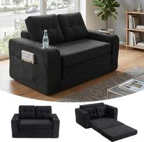 "Atenza" dvivietė sofa-lova su lovos funkcija, maža grindų sofa, sulankstoma su gėrimų laikikliu, didelio tankio putų sofa-lova svetainei ir miegamajam, 136 x 80 x 82,5 cm (juoda) | Erdvę taupanti, sulankstoma, su puodelio laikikliu