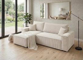 "B&B HOME" didelė L formos sofa "Monte" su miego funkcija ir dėže, smėlio spalvos, velvetinis užvalkalas (kairė)
