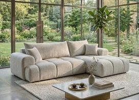 "B&B HOME" didelė sofa "Vitton II", L formos, velvetinis užvalkalas, smėlio spalvos, miego funkcija, lovos dėžė, skandinaviška (porankis dešinėje)