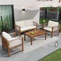 "Ball & Cast" sodo baldų komplektas iš 4 dalių balkono baldų su dvigule sofa ir kavos staliuku, 2 foteliais ir pagalvėlėmis, skirtas poilsio baldams lauke, terasos baldams, sodo poilsio kambariui, smėlio spalvos
