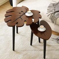 "BAMEOS Monstera Leaf Nesting Tables", 2 vnt., maži staliukai su lapų venų raštu, modernūs mediniai staliukai svetainei, miegamajam, namams, balkonui, kiemui