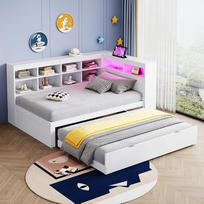 "Ball & Cast" sofa-lova (90 x 200 cm) Vaikiška lova su daugybe laikymo skyrių, su USB jungtimis ir apšvietimu, daugiafunkcinė sofa-lova, pagaminta iš medžio masyvo, balta