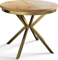 "Bergo" apvalus valgomojo stalas Išplečiamas 100 cm / 180 cm skersmens šviesiai rudos spalvos stalas su aukso spalvos metalinėmis kojomis