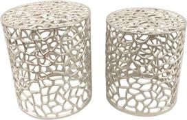 "Casa Moro" rytietiškas staliukas DILA 2 sidabrinių apvalių staliukų rinkinys iš rankomis lietinto aliuminio | Pure Crafts | Dizainerių metalinis staliukas Maroko stiliumi | AL-6399