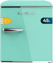 "Cecotec Bolero CoolMarket TT Origin 45 Green E" mažas šaldytuvas Retro stalinis šaldytuvas 45 L 55 cm aukščio ir 44,7 cm pločio E energinio efektyvumo klasės ledo dėžė ir chromuota rankena Žalia spalva