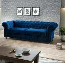 "Chesterfield" mėlyna pliušinė aksominė 3 vietų sofa 225 x 74 x 88 cm Sofos svetainei Sofų komplektai su medinėmis kojelėmis Sofų ir sofų rinkinys