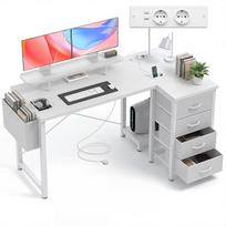 "Claiks" L formos rašomasis stalas su 4 medžiaginiais stalčiais, 140 x 80 cm kampinis rašomasis stalas su USB įkrovimo prievadu ir lizdu, L formos rašomasis stalas su monitoriaus lentyna biurui, baltas