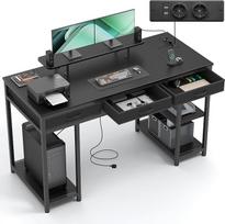 "Claiks" kompiuterio stalas su 3 stalčiais, 140 x 60 cm stalas su lentyna, stalas su 2 kištukiniais lizdais ir 2 USB įkrovimo prievadais, biuro stalas, kompiuterio stalas namų biurui, svetainei, juodas