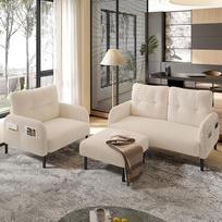 "Cord" 3 fotelių rinkinys + taburetė + dvivietė sofa su šoniniu kišeniniu plieninių vamzdžių rėmu ir itin minkštu atlošu, gilia sėdimąja dalimi, ergonomiška, modulinė, derinama svetainėje, smėlio spalvos