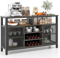 "COSTWAY Sideboard", virtuvės spintelė su 2 metalinėmis tinklinėmis durelėmis, atvirais skyriais, vyno lentynomis ir vyno taurių laikikliais, virtuvės, valgomojo ir svetainės spintelė, 140 x 40 x 82,5 cm (pilka)
