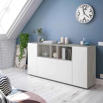 "Dmora" - "Paterson Highboard", moderni bufetė su 3 durimis, svetainės bufetas su skyriais, svetainės bufetas, TV spintelė, cm 150 x 41h76, baltos ir cemento spalvos