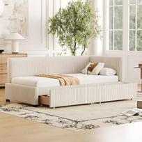 "Dolamaní" sofa lova "Cord Beige" 90 x 200 cm, moderni sofa su skersiniu rėmu ir po lova esančiais stalčiais su miego funkcija - velveto ir velveto audinys