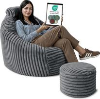 "DreamRoots" suaugusiųjų kėdė "Bean Bag Chair" Svetainė 92 x 70 x 100 cm su taburete, atlošu galvai ir laikymo krepšiu - "Bean Bag Chair" - skaitymo kėdė, patogi, itin minkšta ir pūkuota 420 g/m² virvė - tamsiai pilka