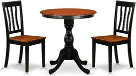 "East West Furniture Eden ESAN3-BCH-W" 3 dalių virtuvės komplektas mažoms erdvėms, įskaitant apvalų valgomojo stalą su pagrindu ir 2 medžio masyvo sėdynes, 30" x 30"