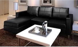 "Festnight" dirbtinės odos 3 vietų kampinė sofa | L formos sofa | Minkšta sofa su 3 sėdynių pagalvėlėmis ir atlošo pagalvėlėmis | Svetainės sofa-lova juoda