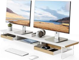 "Fenge" akrilinis 108 cm monitoriaus stovas, monitoriaus stovas su medžio masyvo stalčiais, iki 35 kg, ekrano pakėliklis 2 monitoriams, skirtas kompiuteriui, nešiojamajam kompiuteriui, spausdintuvui, spausdintuvui, televizoriui, buičiai ir biurui (baltas)