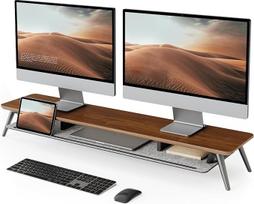"Fenge" 108 cm dvigubo monitoriaus stovas iš medžio masyvo su planšetės, telefono, rašiklio laikikliu ir organizatoriumi, natūralaus dizaino, iki 45 kg, skirtas namams, biurui, kompiuteriui, nešiojamajam kompiuteriui, spausdintuvui, televizoriui, rudos sp