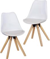"FineBuy" dizaino valgomojo kėdės, 2 komplektas, baltos skandinaviškos kėdės su medinėmis kojomis, retro kėdžių komplektas, plastikinės, virtuvės kėdės su dirbtine oda, kėdės su atlošu, modernios, virtuvės kėdės, valgomasis